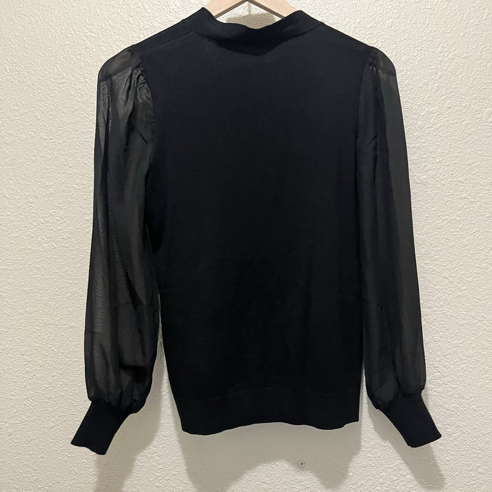 Adrianna Papell Tie Neck Puff Sheer Long Sleeve Women XS Black Preppy Whimsigoth - Picture 4 of 8